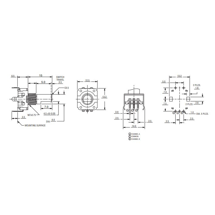 Dimensions de l'encodeur incrémental rotatif avec fonction poussoir PEC11-4215F-S24