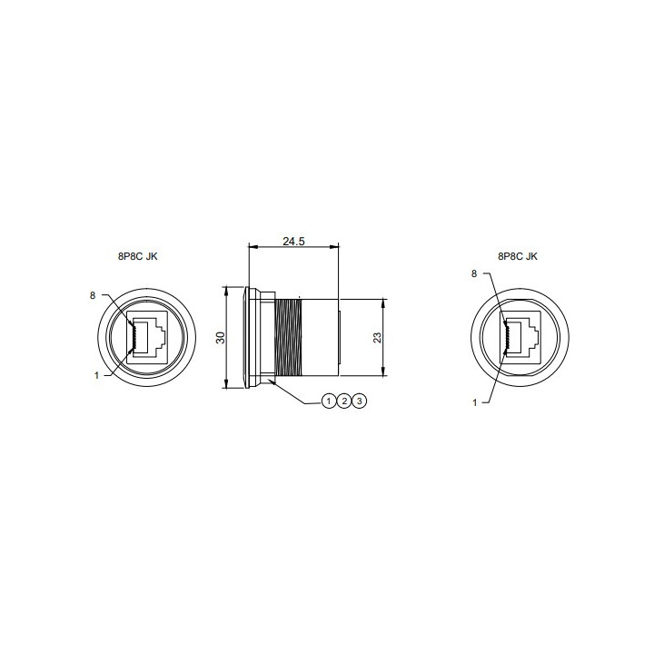 Dimensions de l'adaptateur pour châssis RJ45 femelle vers RJ45 femelle