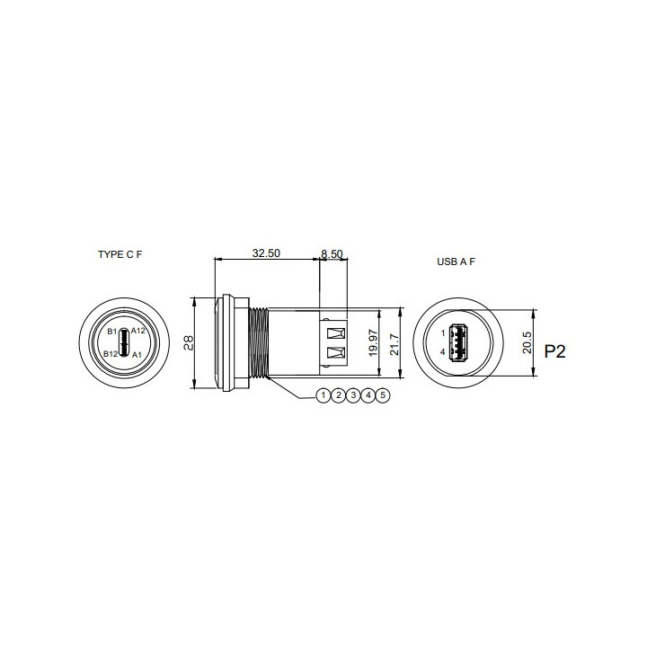 Dimensions de l'adaptateur pour châssis USB C vers USB A femelle