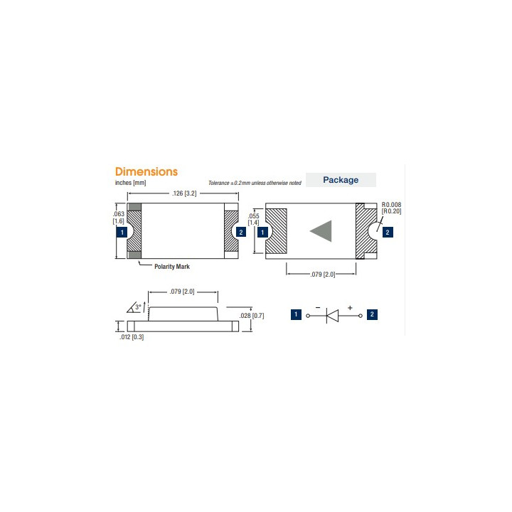 Dimensions Led CMS jaune vert boitier 3216