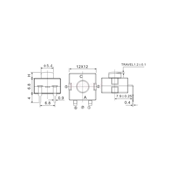 Dimensions du bouton-poussoir On-Off 12 x 12 mm