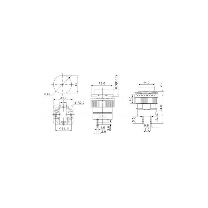 Dimensions bouton-poussoir lumineux On-Off 16 mm