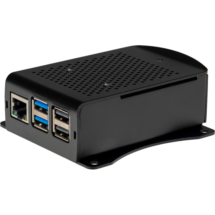 Boitier aluminium ventilé avec pattes de fixation pour Raspberry Pi 5 vue de côté