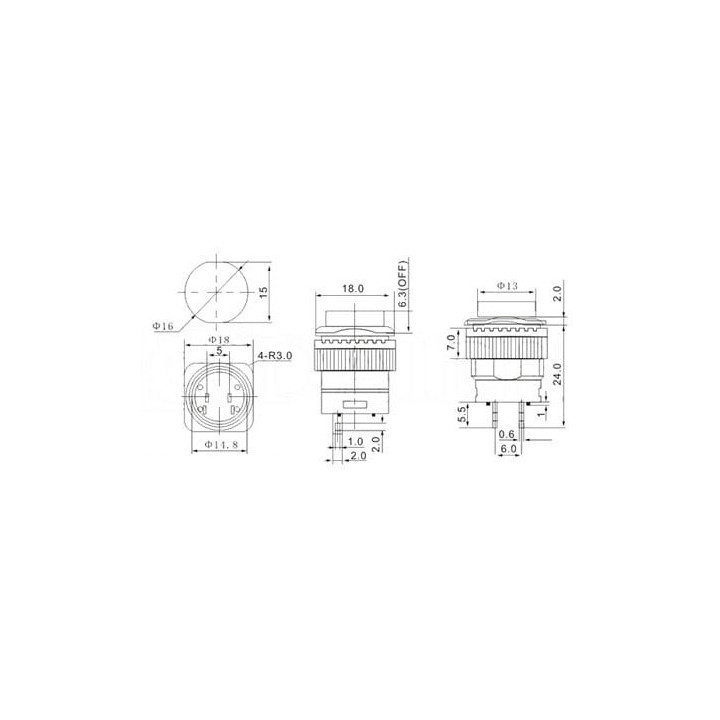 Dimensions du bouton-poussoir OFF - ON orange