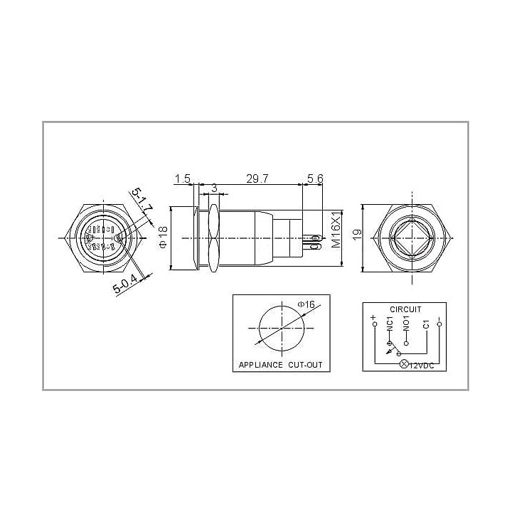 Dimensions du bouton-poussoir anti-vandal anneau bleu