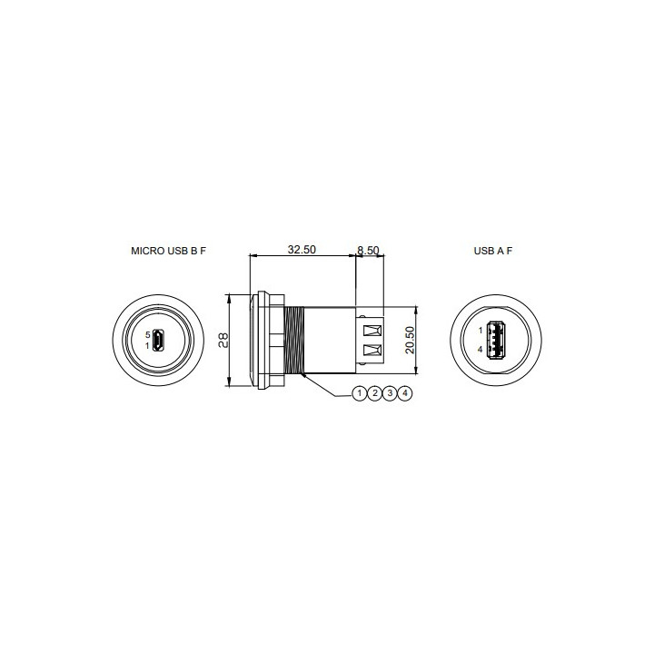 Dimensions de l'adaptateur micro USB B vers USB A femelle pour châssis