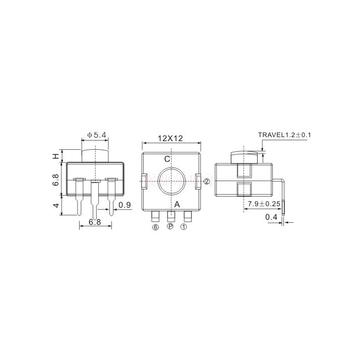 Dimensions bouton-poussoir On-Off-ON-Off 12 x 12 mm