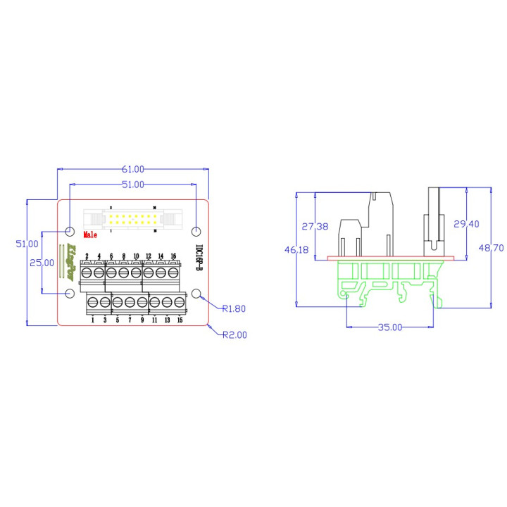 Dimensions du connecteur IDC 2x8 vers borniers pour montage Rail DIN