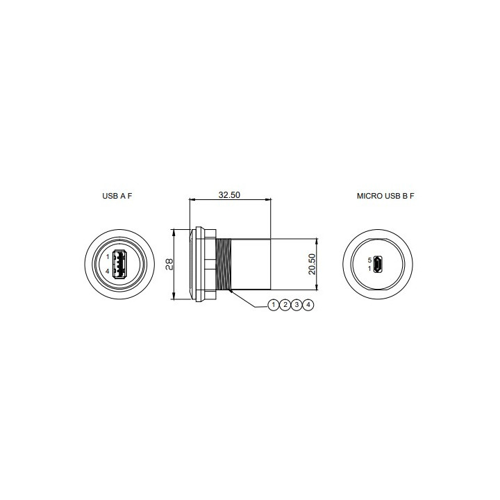 Dimensions de l'adaptateur USB A vers micro USB B femelle pour châssis