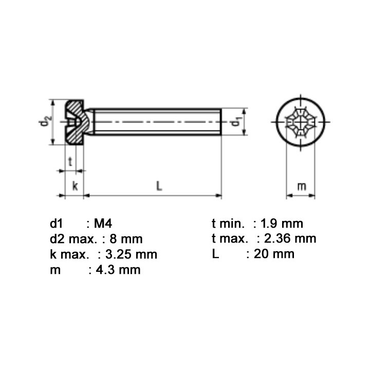 Dimensions vis à tête cylindrique bombée M4 x 20 mm