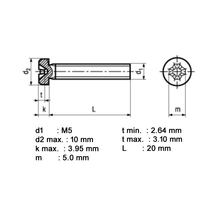 Dimensions vis à tête cylindrique bombée M5 x 20 mm