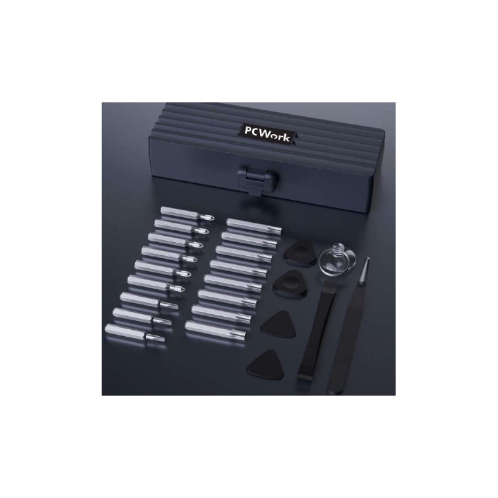 Détail des 25 accessoires livrés dans le coffret de tournevis de précision PCW08H