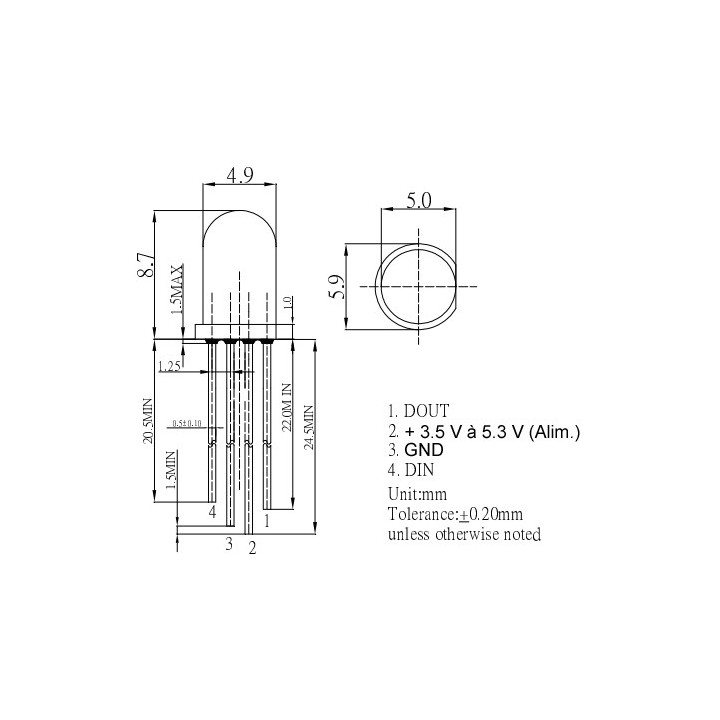 Brochage Led RVB boitier diffusant 5 mm avec contrôleur compatible WS2812B