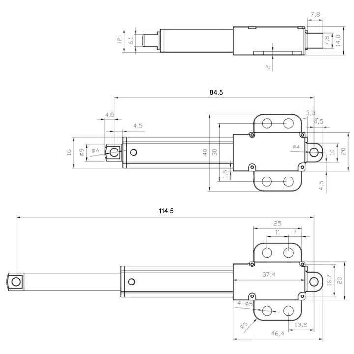 Dimensions mini actionneur linéaire ACRZilla FE12-15-30-64