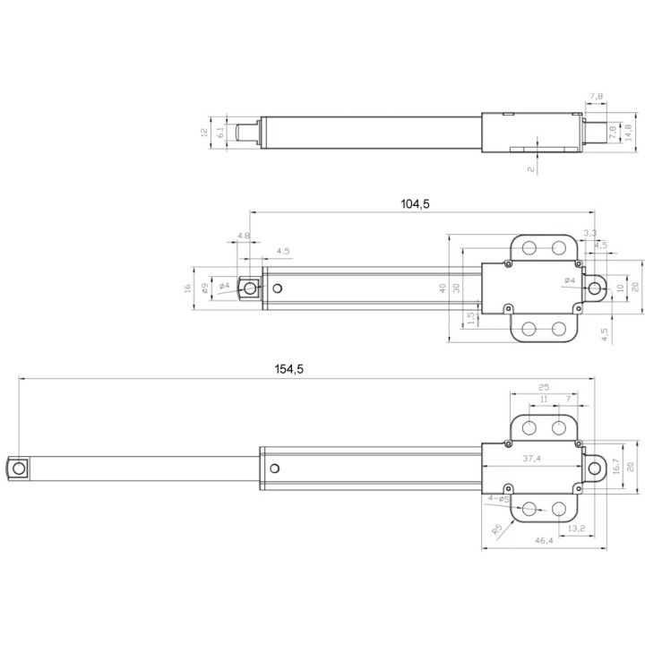 Dimensions Mini actionneur linéaire ACRZilla FE12-15-50-64