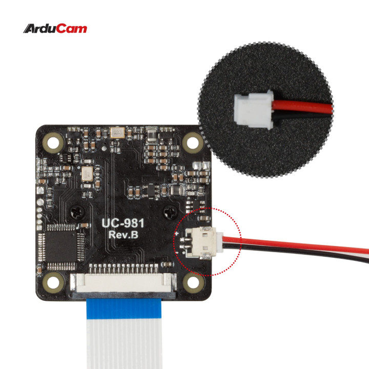 Détail de connecteur d'alimentation pour alimenter le module caméra ArduCAM Time of Flight B0410