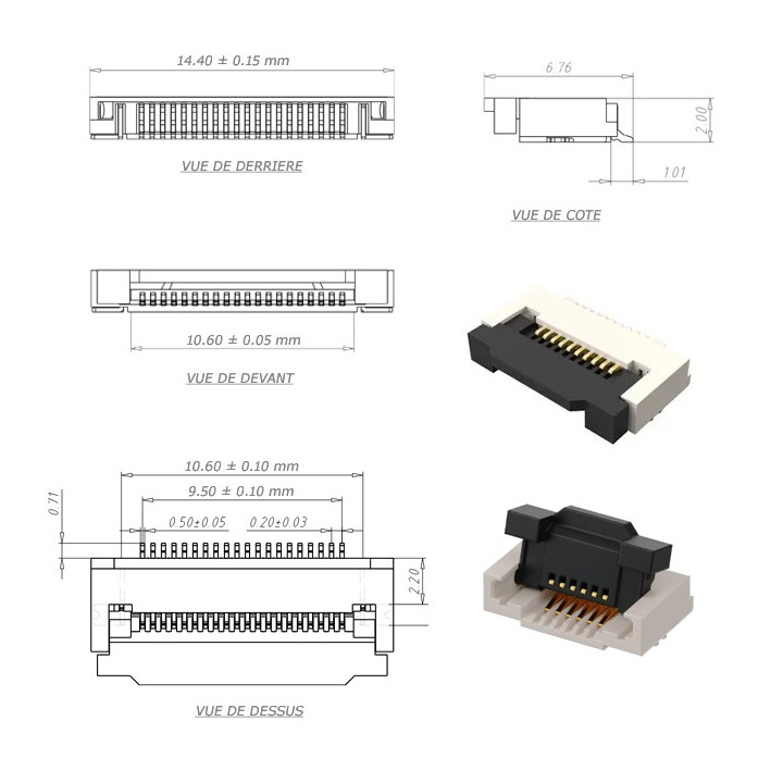 Dimensions du Connecteur FCC / FPC 20 contacts pas 0,5 mm