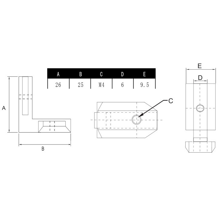Dimensions Equerre interne pour profilés ACRZilla
