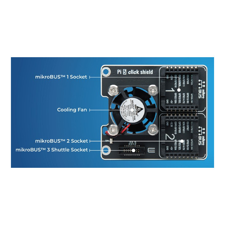 Détail de la face avant du module Pi 5 Click Shield pour Raspberry Pi 5 MIKROE-6423