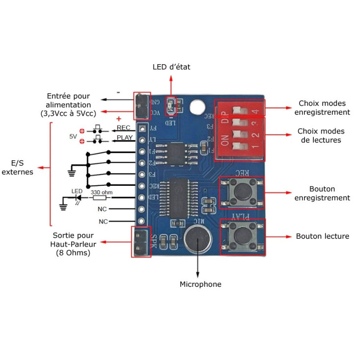 Détail du module lecteur enregistreur vocal 195 secondes TR-25