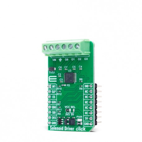 Vu de côté du module drivers Click MIKROE-6574 pour solénoïdes Vu de côté du module drivers Click MIKROE-6574 pour solénoïdes