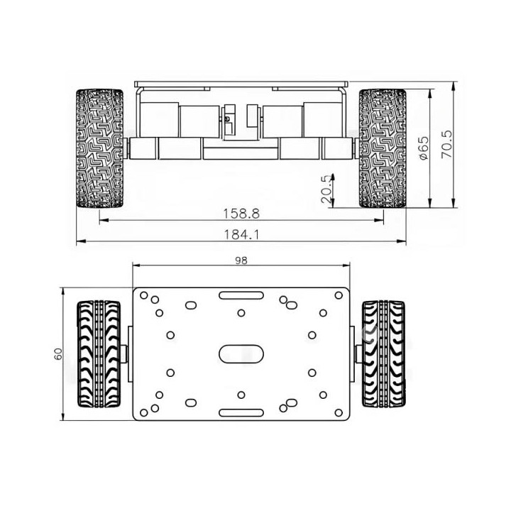 Dimensions du châssis robotique Balancing CHBAL037WD