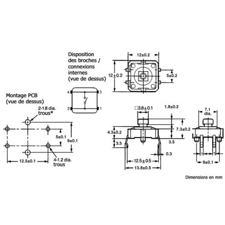 Dimensions et brochages des boutons poussoirs carrés 12 x 12 mm