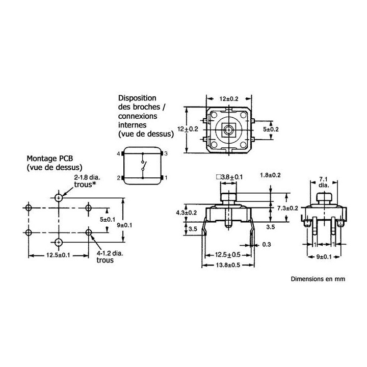 Dimensions et brochages des boutons poussoirs carrés 12 x 12 mm