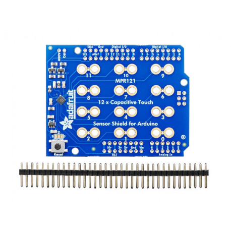 Vue de dessus de la platine shield capteur capacitif MRP121 et son connecteur mâle Vue de dessus de la platine shield capteur capacitif MRP121 et son connecteur mâle
