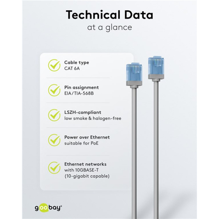 Détail du câble Ethernet ultra flexible CAT 6A (0,5 m) avec connecteur RJ45 slim