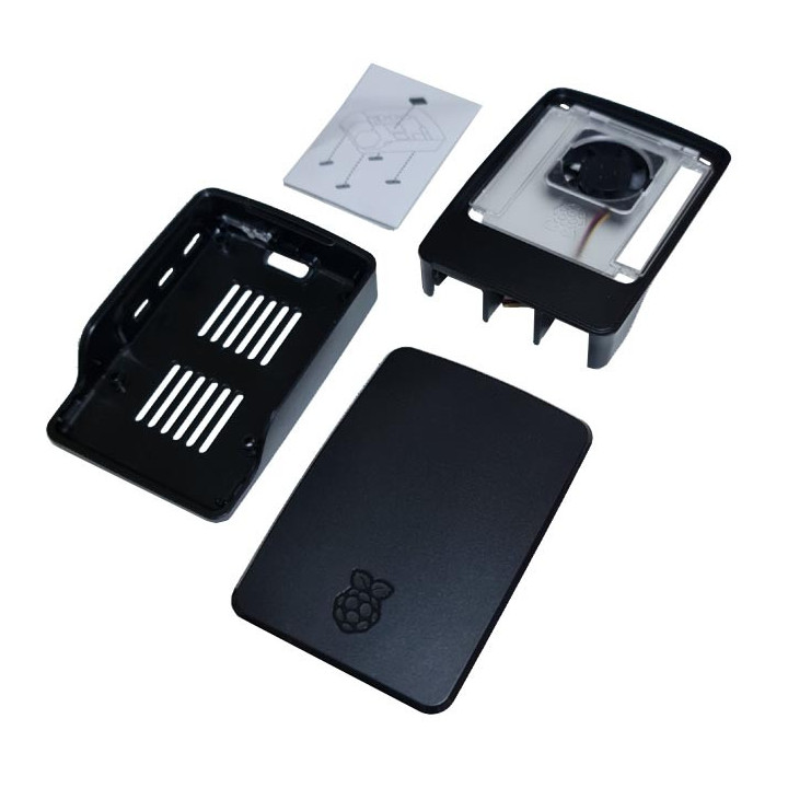Détail du contenu du boitier Officiel Pi Case avec ventilateur pour Raspberry Pi 5
