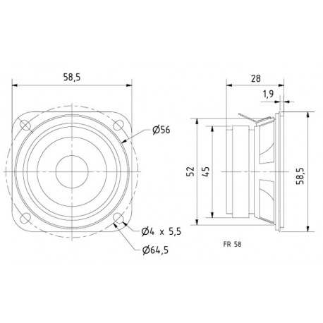 DImensions du mini haut-parleur large bande VISATON FR 58 8 Ohm