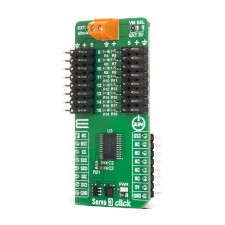 Vu de côté du module de pilotage de servomoteurs Servo 3 Click MIKROE-6837