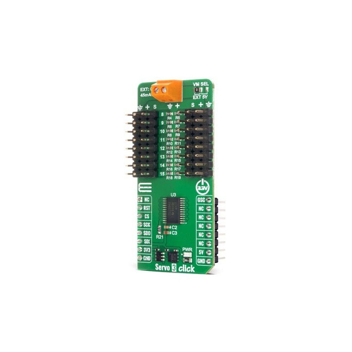 Vu de côté du module de pilotage de servomoteurs Servo 3 Click MIKROE-6837