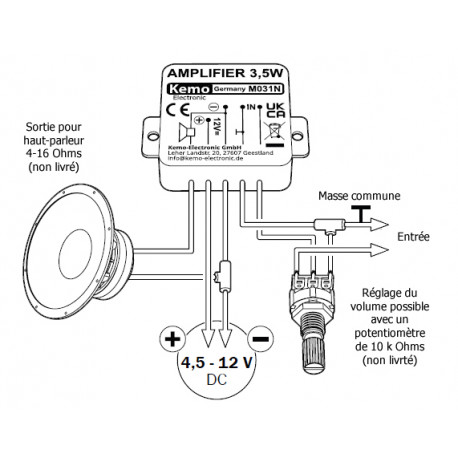 Schéma de branchement du module ampli Audio universel 3,5W Kemo® M031N Schéma de branchement du module ampli Audio universel 3,5W Kemo® M031N