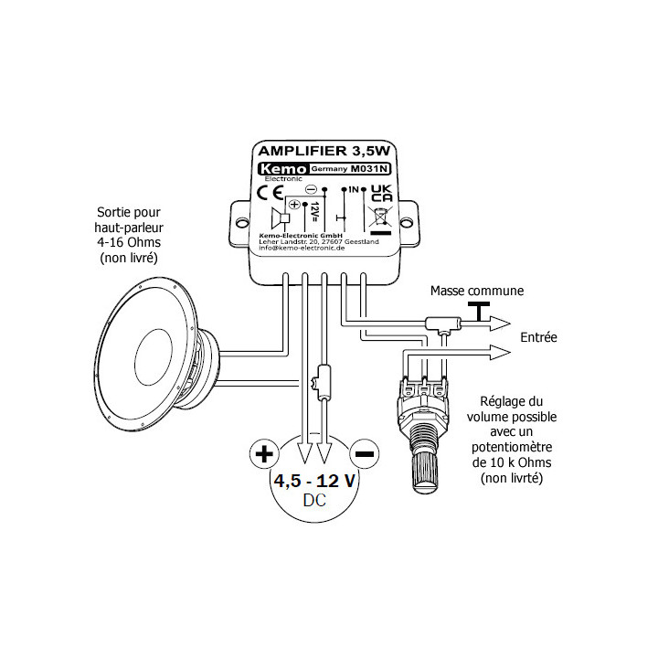 Schéma de branchement du module ampli Audio universel 3,5W Kemo® M031N