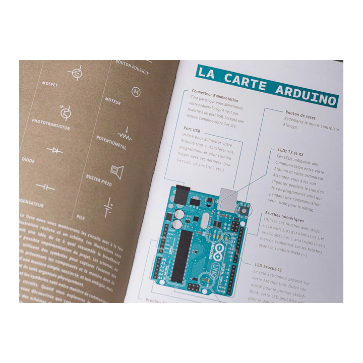 Détail de l'ouvrage technique du starter kit Arduino® officiel K02007 en Français