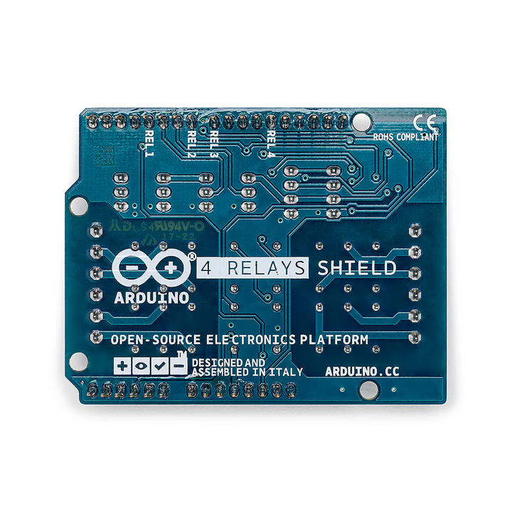 Vue de dessous du Shield 4 relais A000110 pour Arduino®