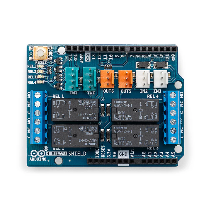 Vue de dessus du Shield 4 relais A000110 pour Arduino®