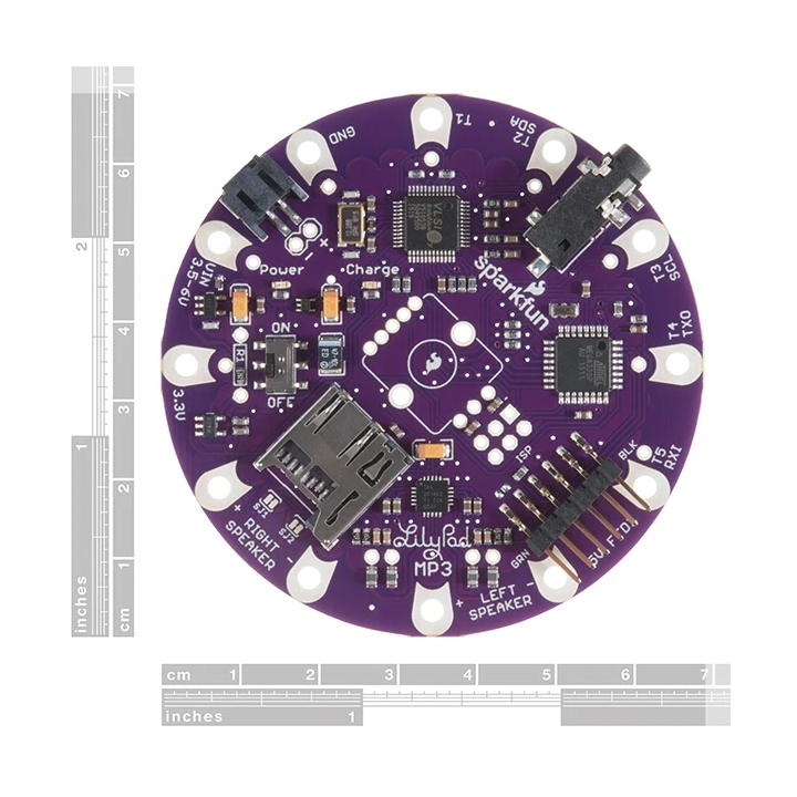 Dimensions de la platine LilyPad MP3 DEV-11013