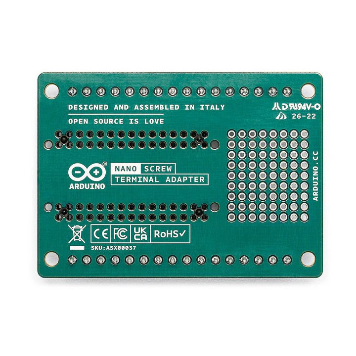 Vue de dessous de la carte Arduino Nano Screw Terminal Adapter ASX00037