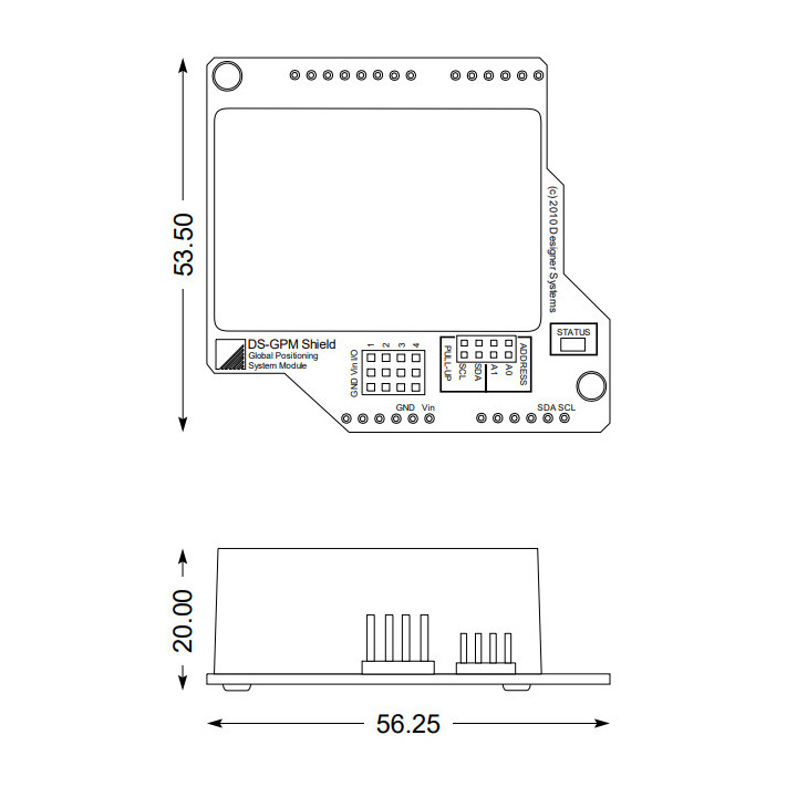 Dimensions de la carte Shield DS-GPMS pour Arduino