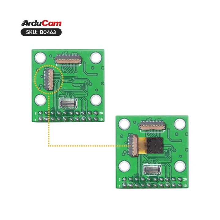 Vue sur la connectique de la caméra ArduCAM OV7675 VGA B0463