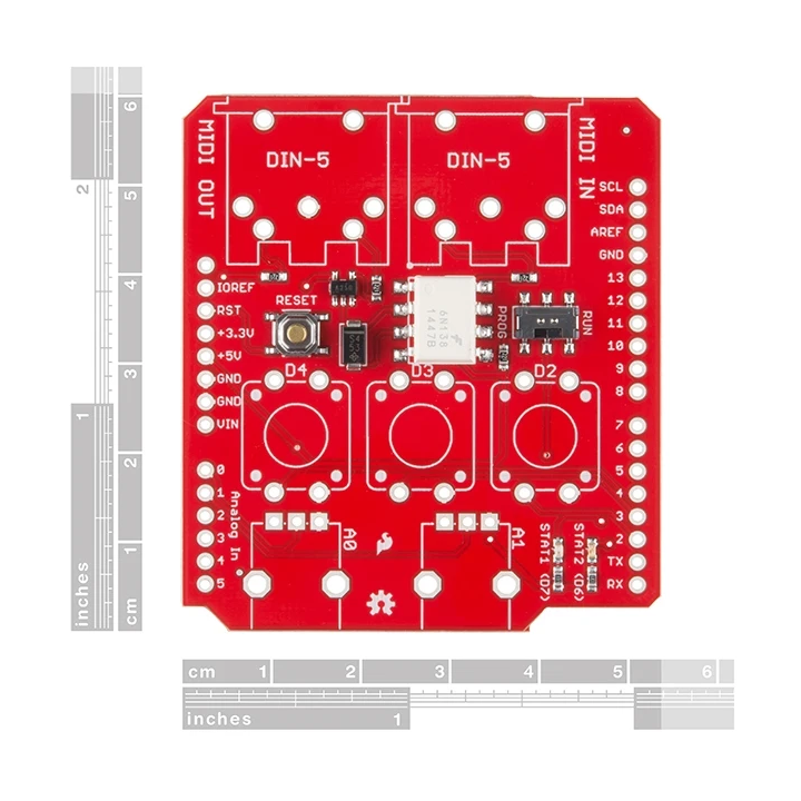 Dimensions du Shield Midi DEV-12898 une fois assemblé