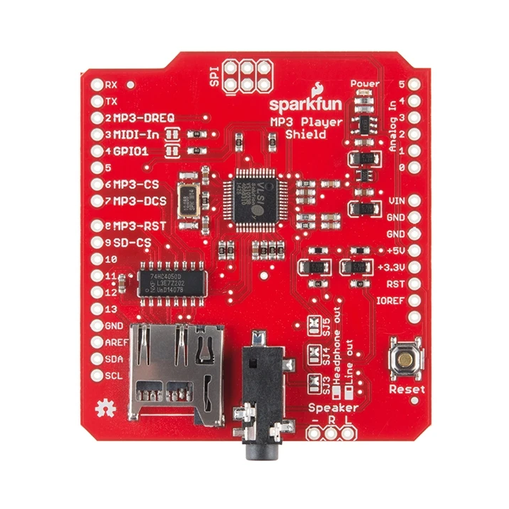 Vue face avant du MP3 shield DEV-12660 pour Arduino®