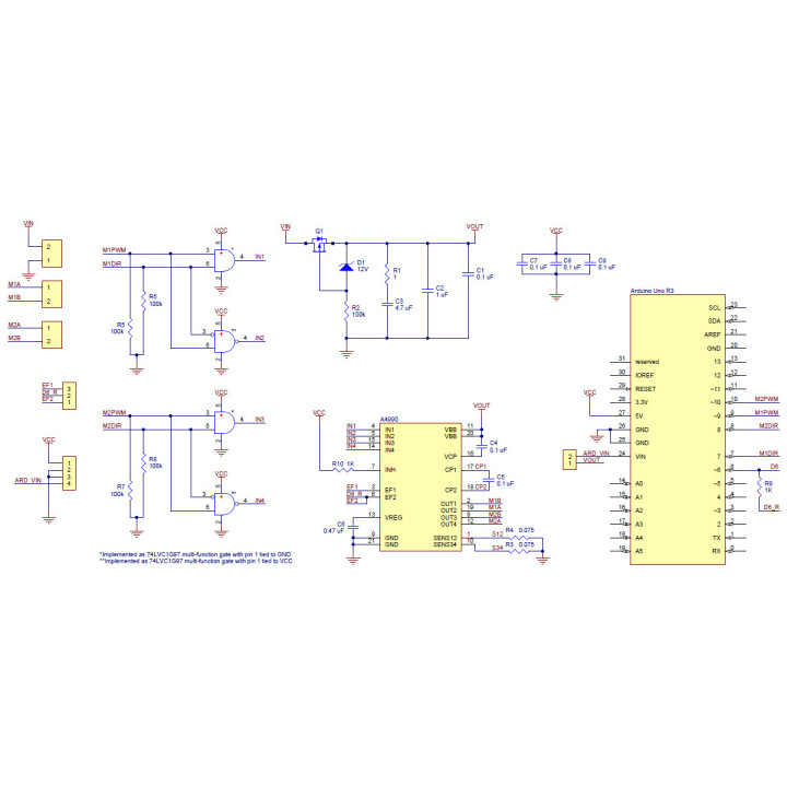 Schéma de principe du module Dual Motor Shield A4990 pour Arduino®