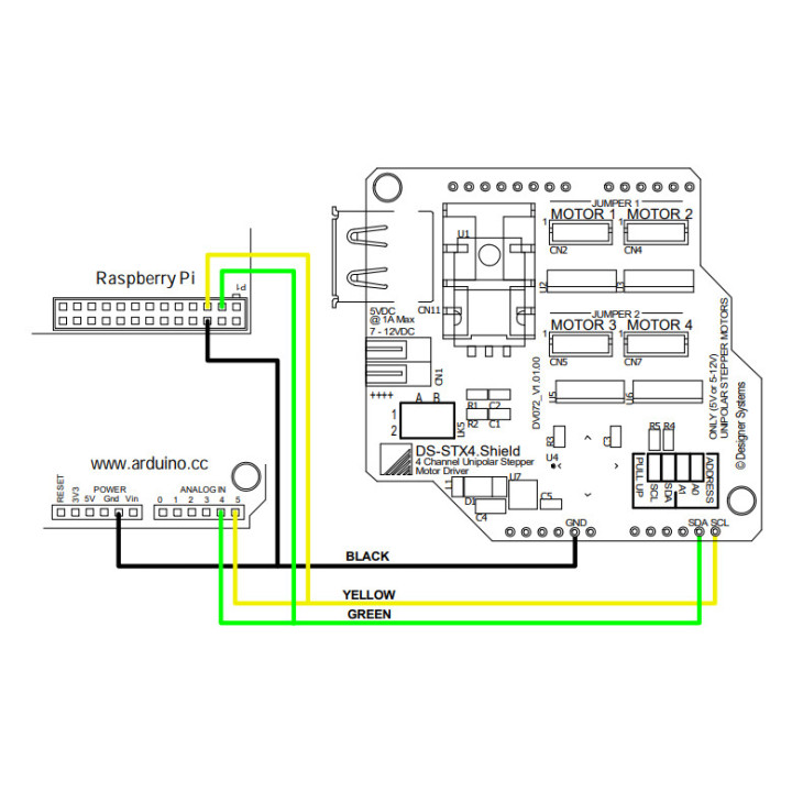 Exemple de raccordement du Shield Stepper motor driver DS-STX4.S