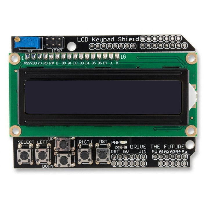 Vue de la face avant du Shield afficheur LCD 2x16 pour Arduino®