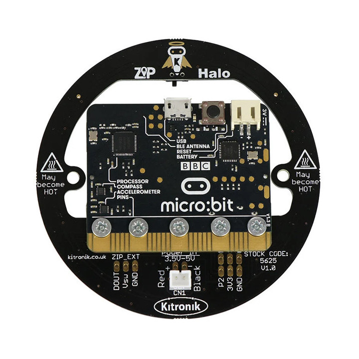 Vue arrière de la platine ZIP Halo 24 led RGB pour micro:bit équipée d'une carte micro:bit (la carte n'est pas livrée)