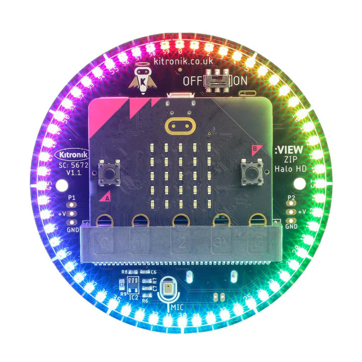 La platine ZIP Halo HD 60 leds RGB pilotée par une micro:bit (la microbit n'est pas livrée)